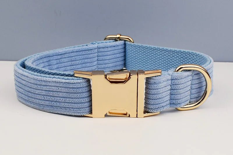 Blue Corduroy Personalized Dog Collar, Leash & Harness Set