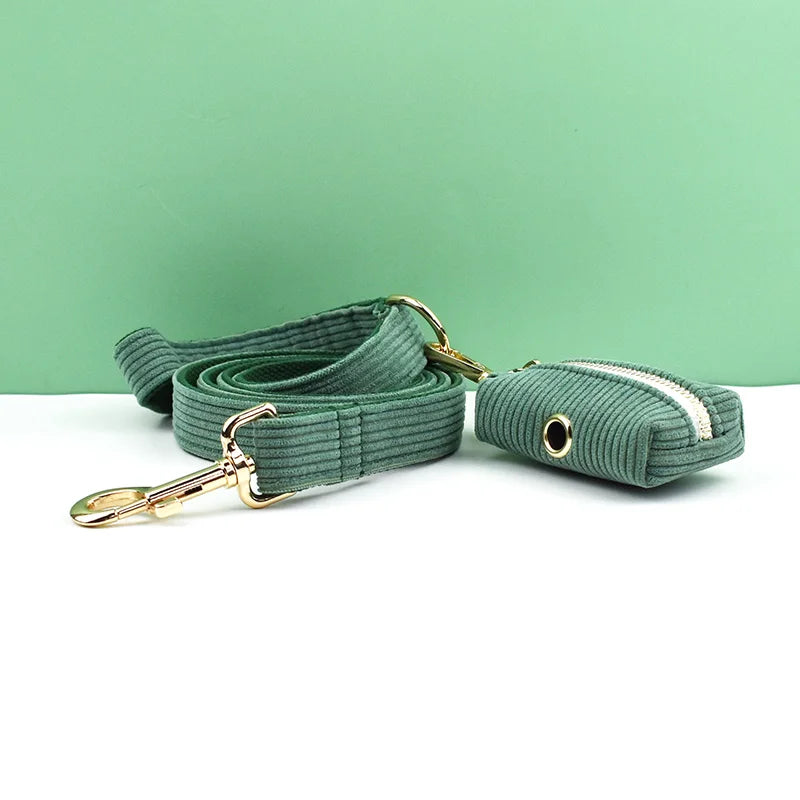 Dark Green Corduroy Personalized Dog Collar, Leash & Harness Set