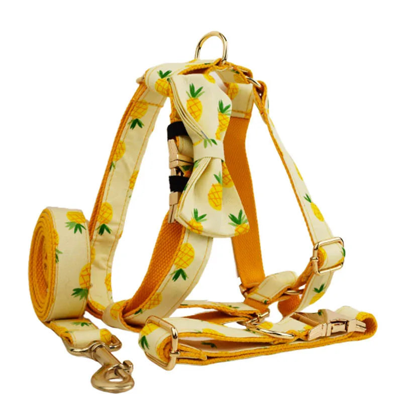 Personalized Floral Dog Harness and Leash Set, Puppy Bowtie Collar with Poop Bag, Cute Outdoor Pet Gift