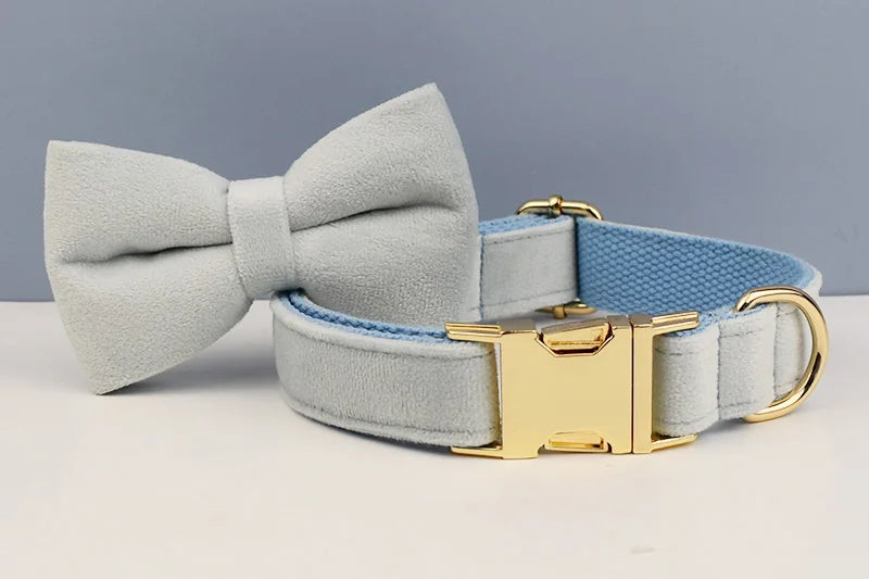 Light Blue Velve Personalized Dog Collar, Leash & Harness Set