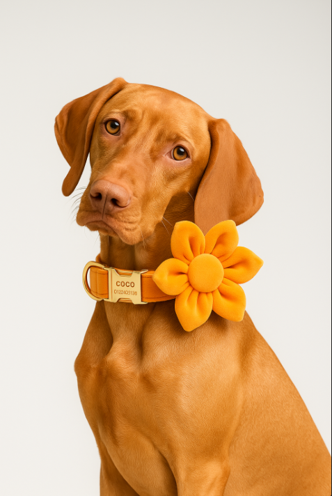 Orange Velvet Personalized Dog Collar, Leash & Harness Set