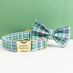 Lake Water Green Plaid Dog Collar Leash and Harness Set