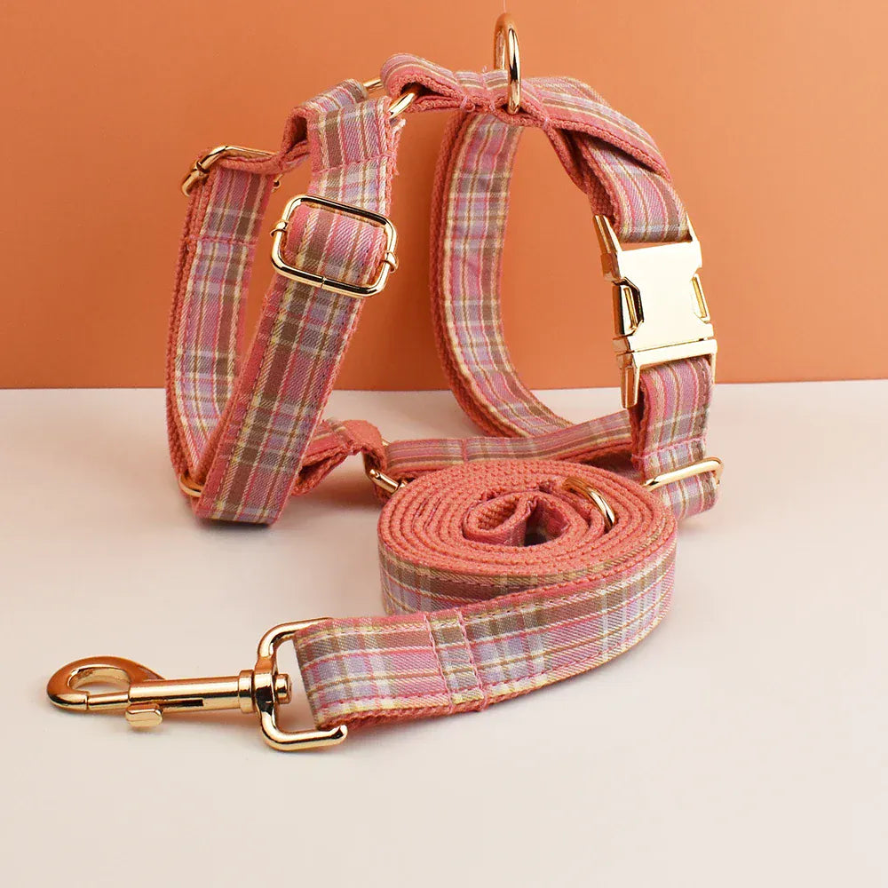 Engraved Plaid Pink Dog Collar Leash Harness Set