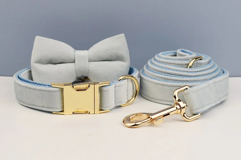 Light Blue Velve Personalized Dog Collar, Leash & Harness Set
