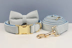 Light Blue Velve Personalized Dog Collar, Leash & Harness Set