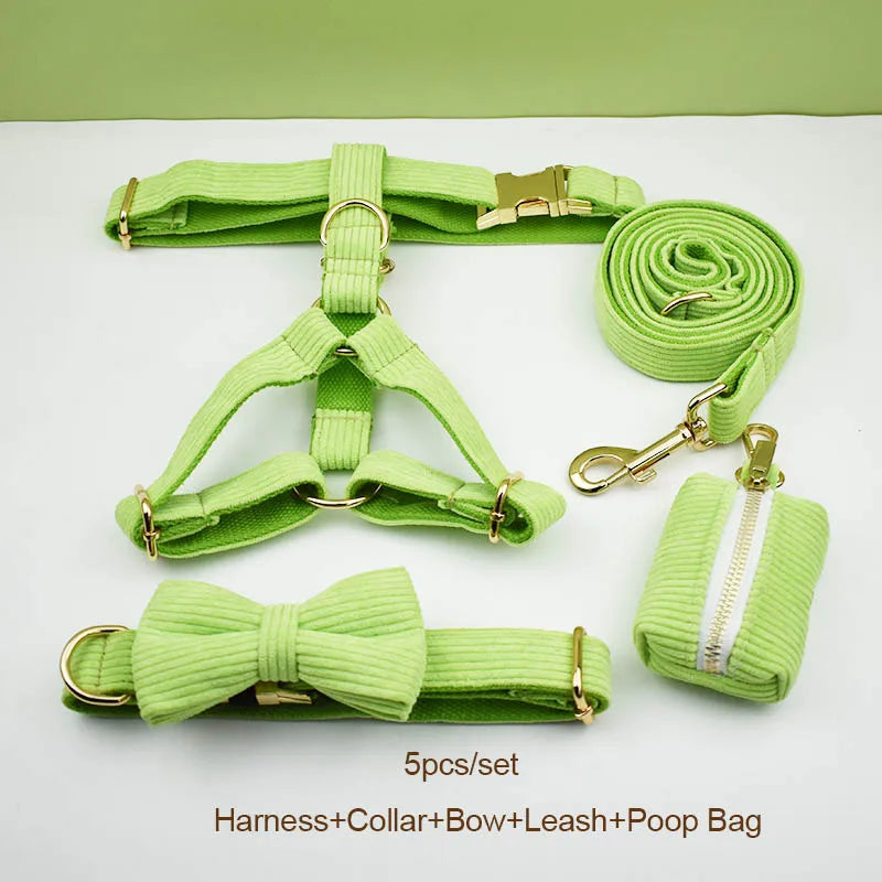 Apple Fruit Green Corduroy Personalized Dog Collar, Leash & Harness Set