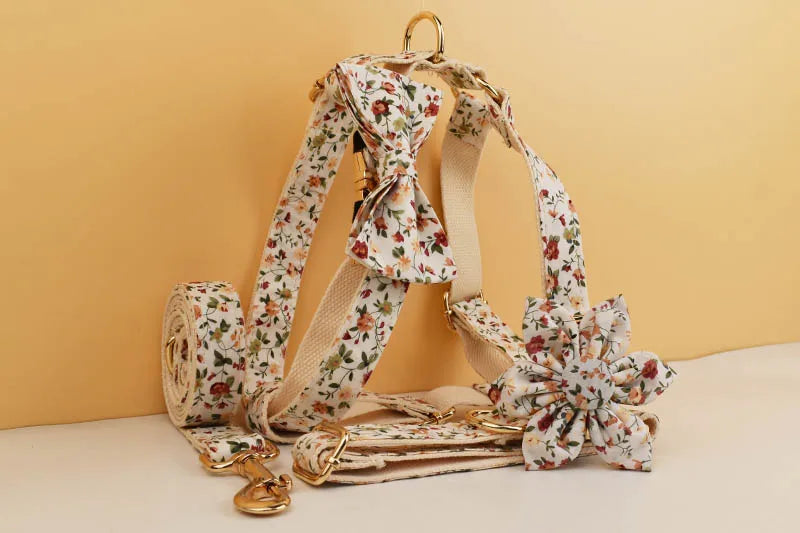 Luxury Flower Soft Cotton Personalized Dog Collar, Leash & Harness Set