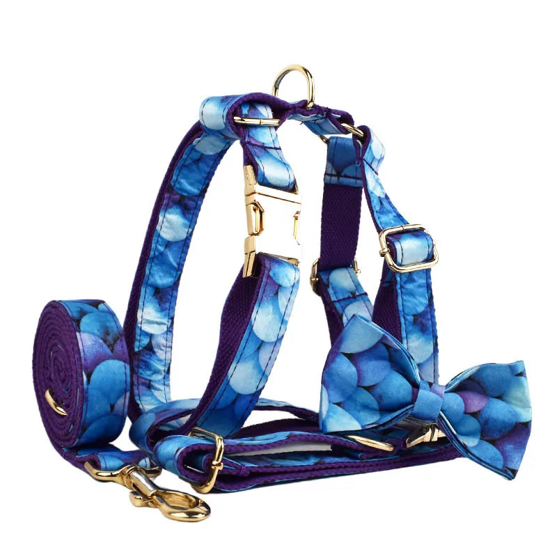 Personalized Floral Dog Harness and Leash Set, Puppy Bowtie Collar with Poop Bag, Cute Outdoor Pet Gift