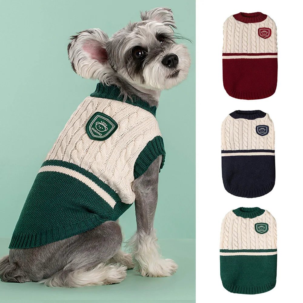Warm Knitted Dog Sweater – College Style Pullover for Small & Medium Dogs