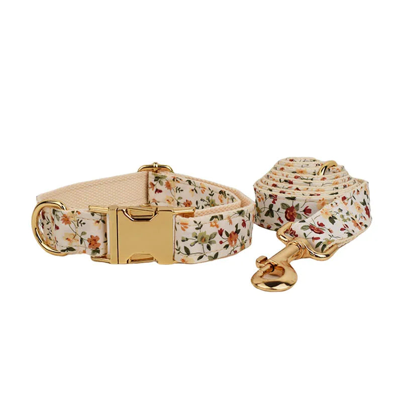 Luxury Flower Soft Cotton Personalized Dog Collar, Leash & Harness Set