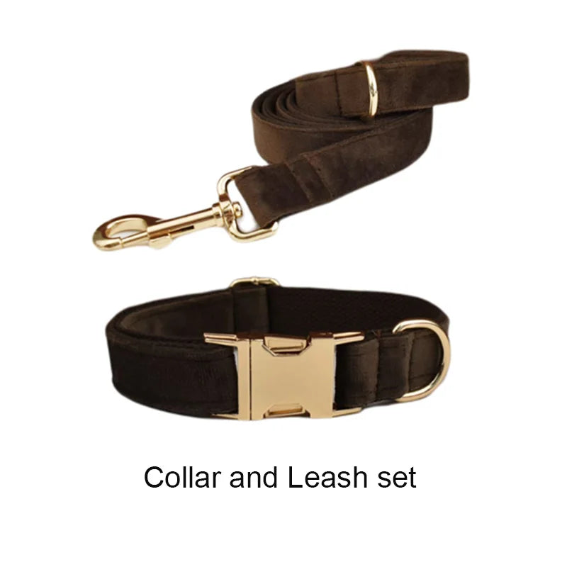 Dark Brown Velvet Personalized Dog Collar, Leash & Harness Set