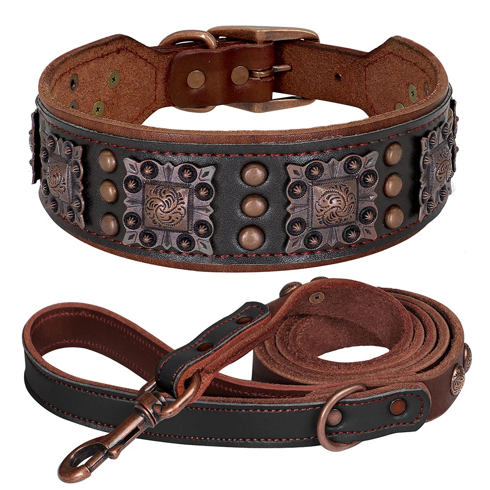 Real Leather Dog Collar & Leash Set – Durable Padded Luxury Design for Medium & Large Dogs