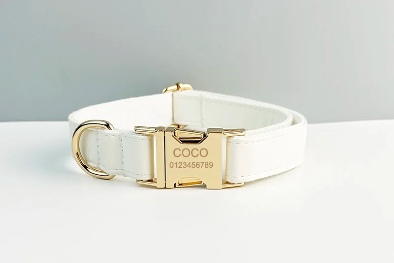 White Leather Personalized Dog Collar, Leash & Harness Set