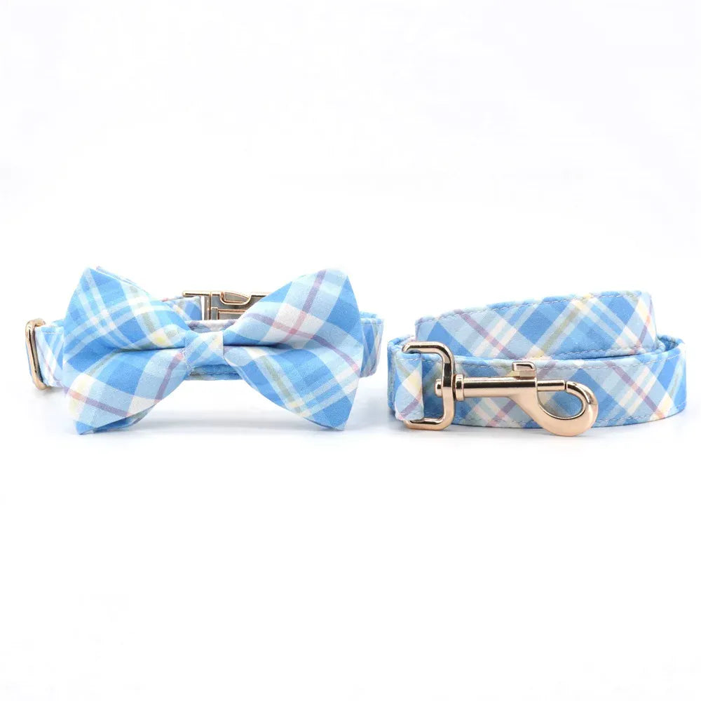 DDPaws  Collar + Leash + Bowtie / XS Designed Blue Rose Plaid Set [Made-to-Order]