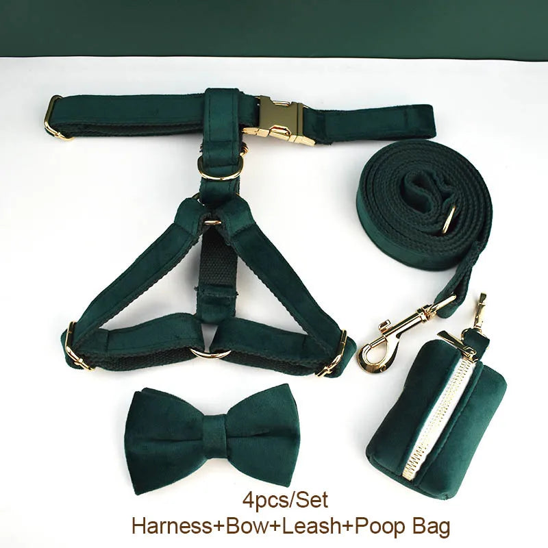 Green Velvet Personalized Dog Collar, Leash & Harness Set