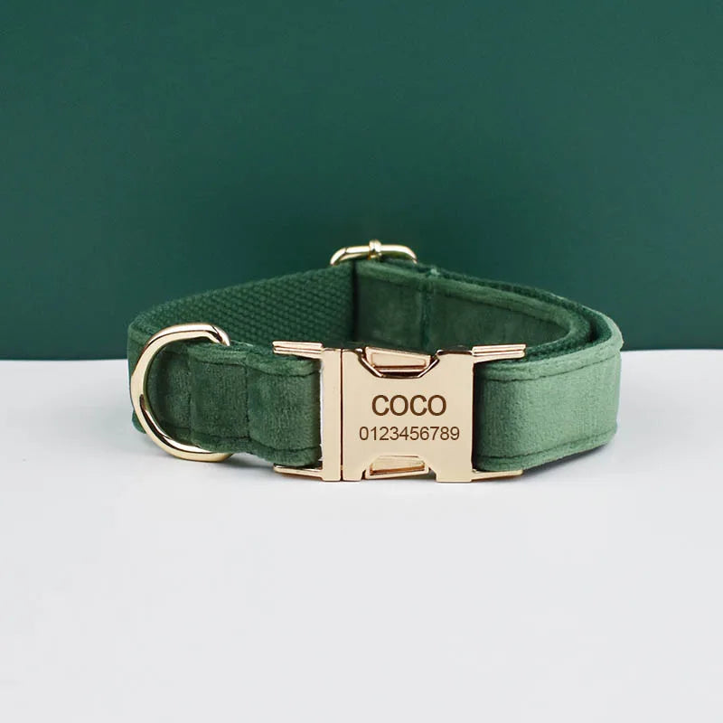 Forest Green Velvet Personalized Dog Collar, Leash & Harness Set