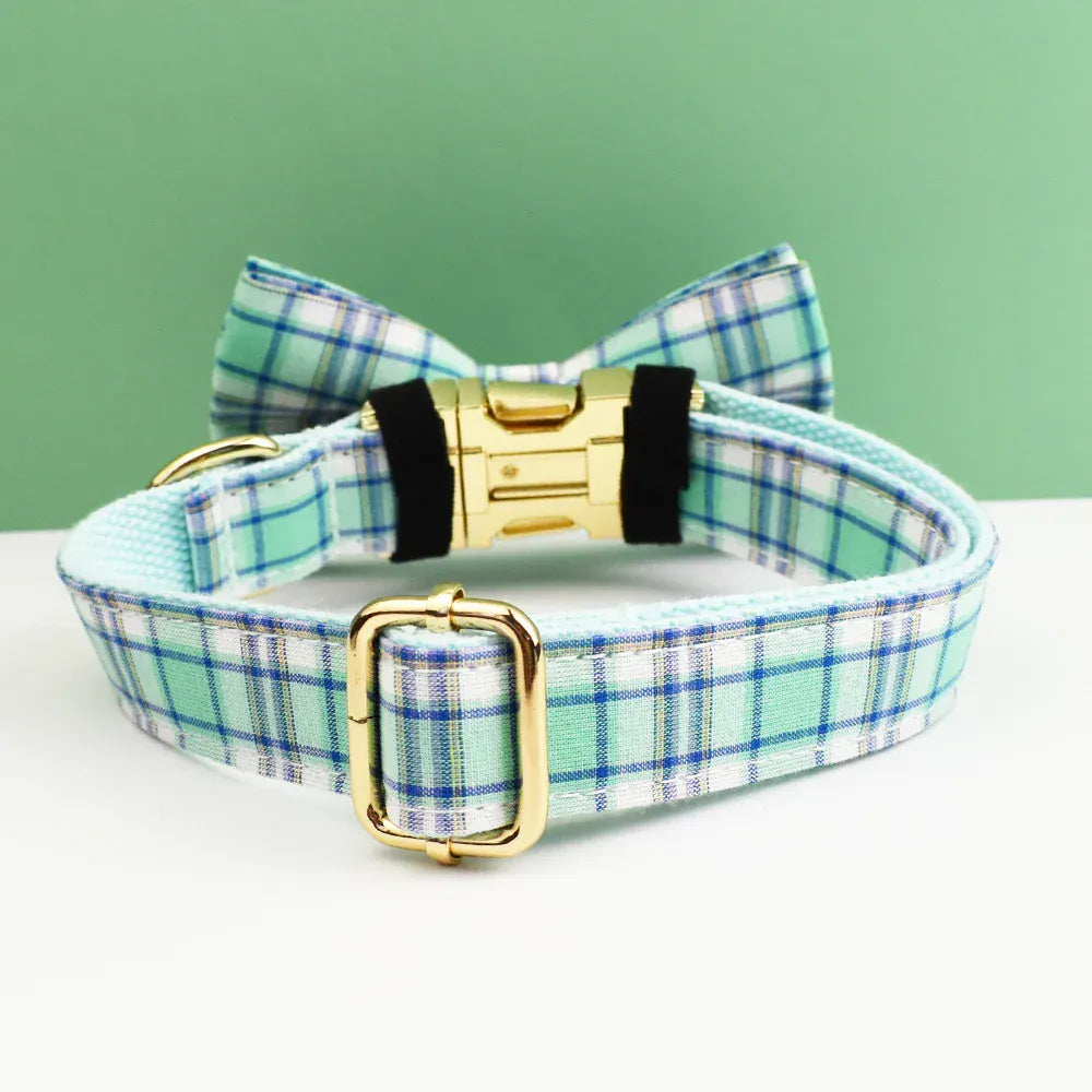 Lake Water Green Plaid Dog Collar Leash and Harness Set
