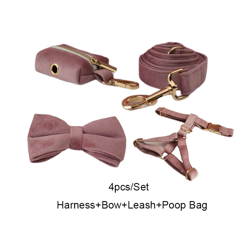 Light Purple Velvet Personalized Dog Collar, Leash & Harness Set