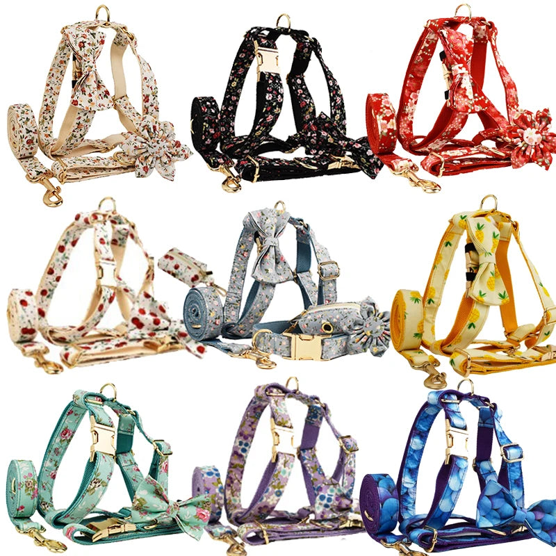 Personalized Floral Dog Harness and Leash Set, Puppy Bowtie Collar with Poop Bag, Cute Outdoor Pet Gift