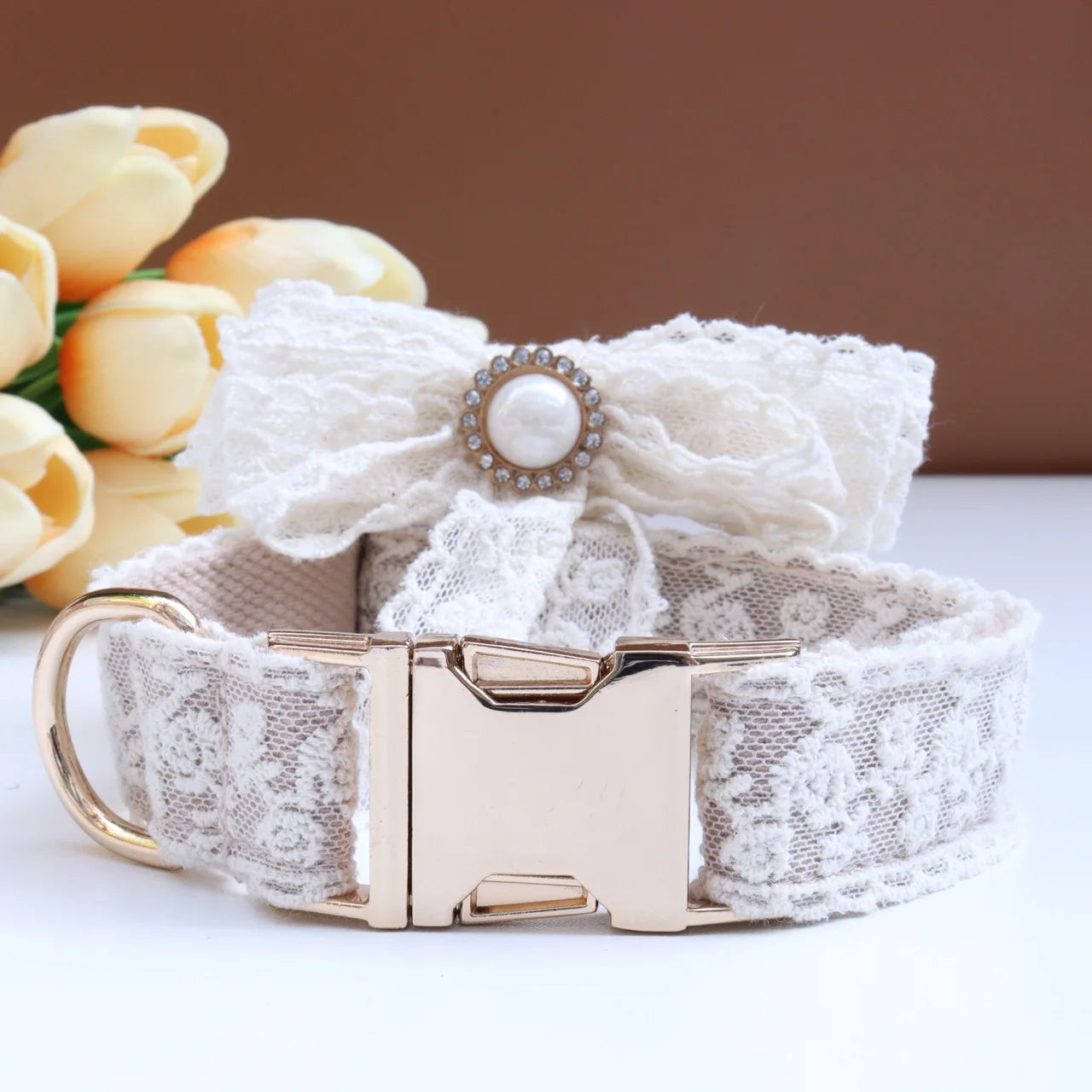 Luxury Pearl Personalized  Dog Collar and Leash Set, Lace Bowtie with Rhinestone Sparkle, Elegant Puppy Girl Pet Necklace