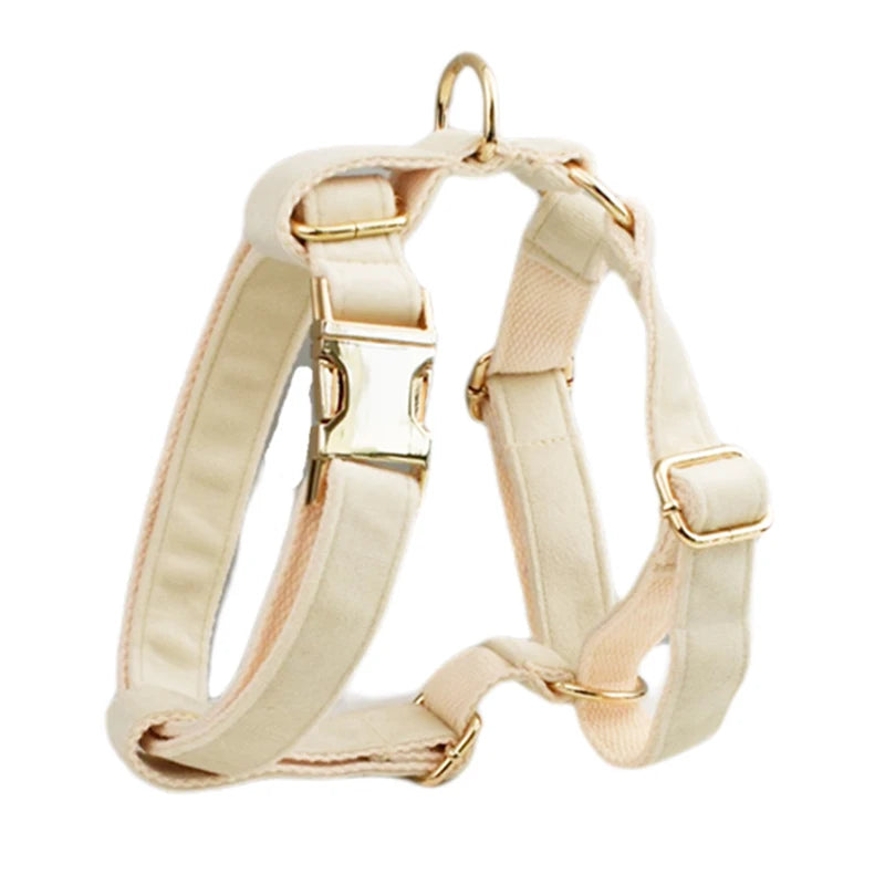 Milky White Velvet Personalized Dog Collar, Leash & Harness Set