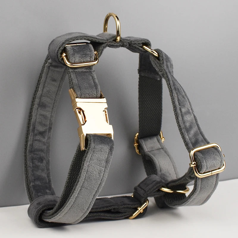 Dark Grey Velvet Personalized Dog Collar, Leash & Harness Set