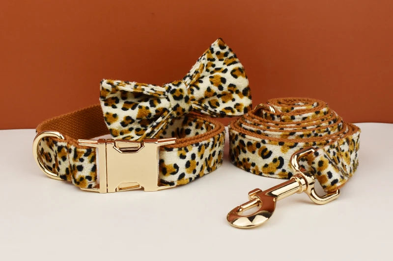 Customized Designer Logo Leopard Personalized Dog Collar, Leash & Harness Set