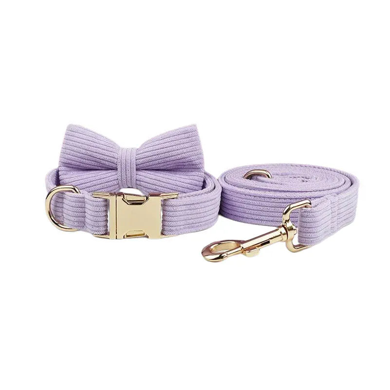 Purple Corduroy Dog Collar Leash and Harness Set