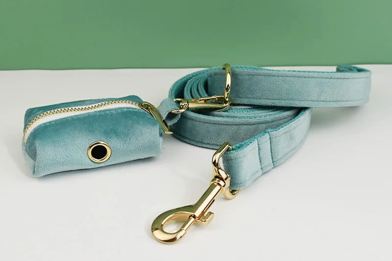 Green Velvet Personalized Dog Collar, Leash & Harness Set