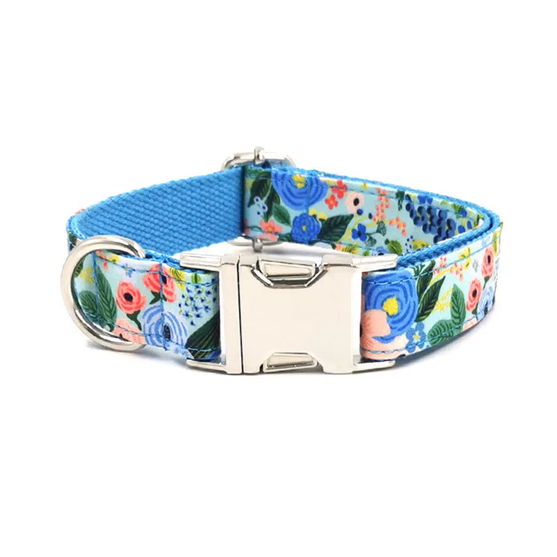 Multi Personalized Print Floral Cotton Adjustable Dog Collars -  Engravable