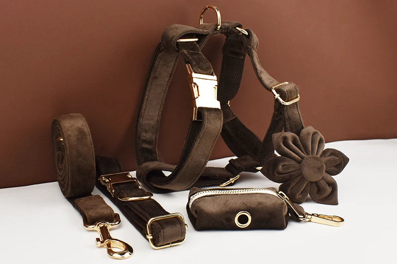 Dark Brown Velvet Personalized Dog Collar, Leash & Harness Set