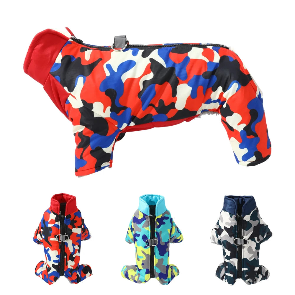 Camouflage Winter Dog Jumpsuit – Thick, Windproof & Waterproof Overalls with D-Ring