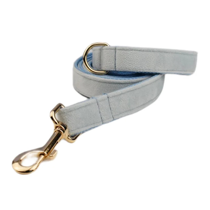 Light Blue Velve Personalized Dog Collar, Leash & Harness Set