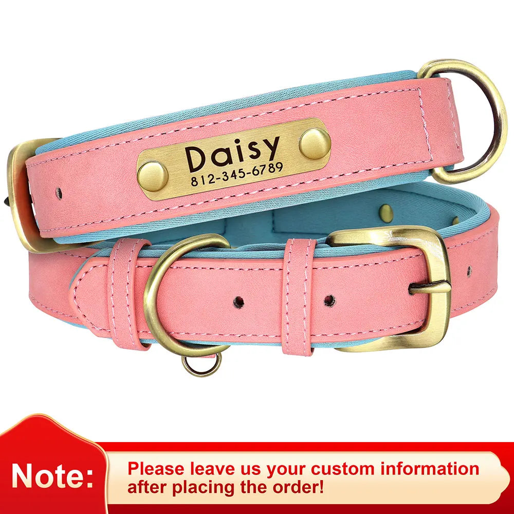 Personalized PU Leather Dog Collar – Soft Padded & Adjustable Custom ID Collar