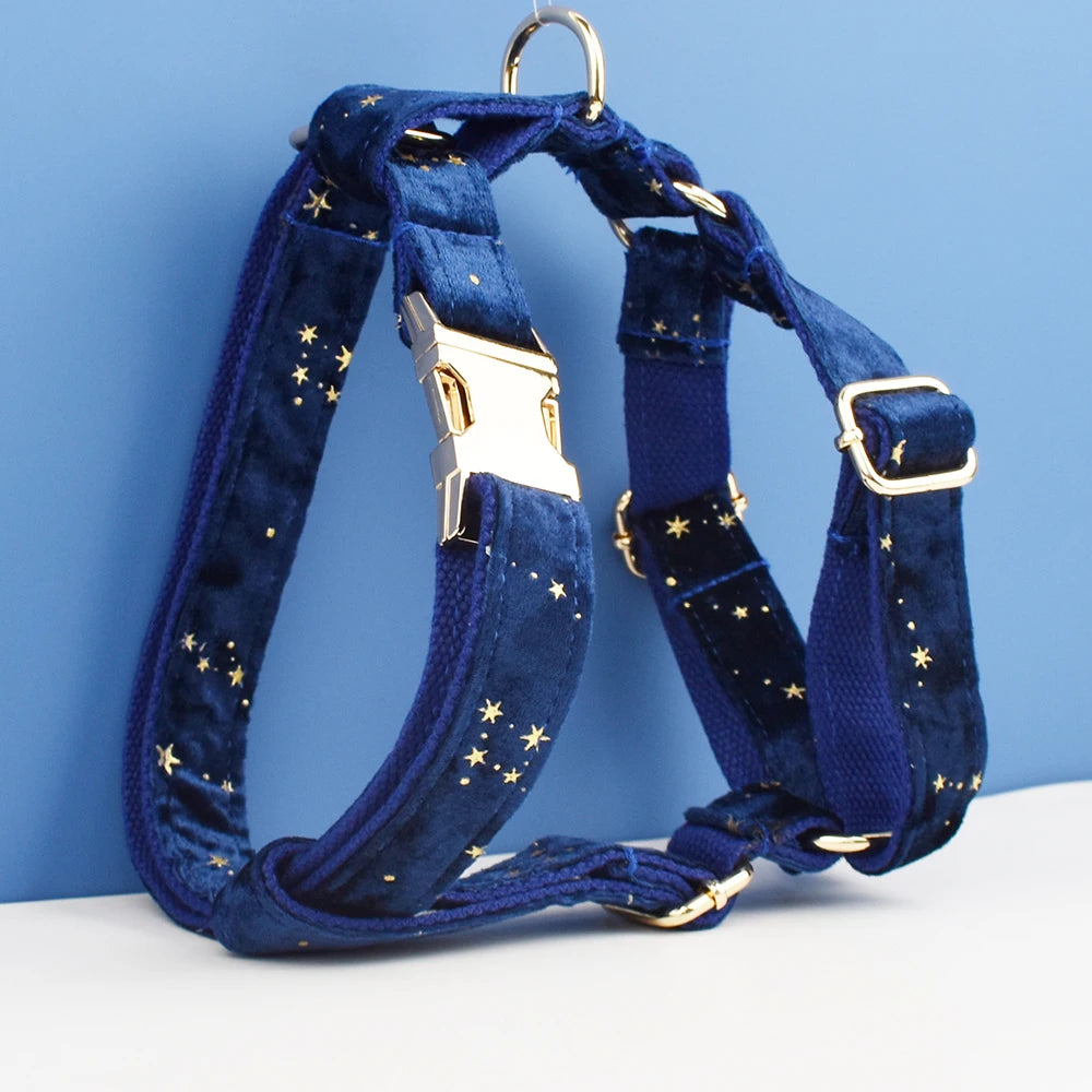 Dark Blue Personalized Dog Collar, Leash & Harness Set