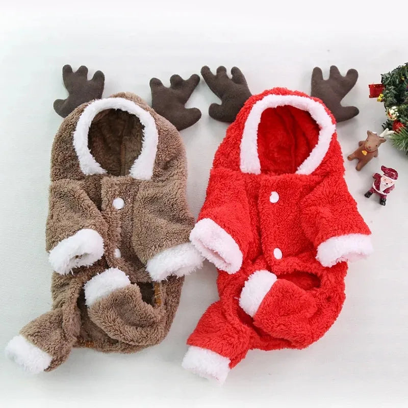 Christmas Elk Dog Hoodie – Warm Coral Velvet Winter Outfit for Small Dogs