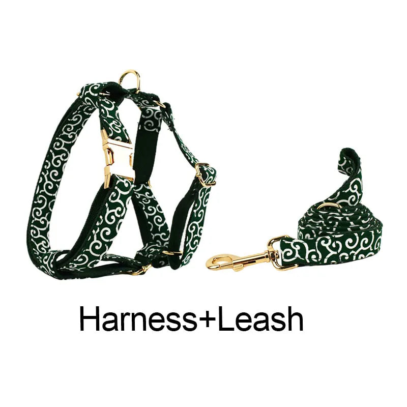 Green Soft Cotton Personalized Dog Collar, Leash & Harness Set