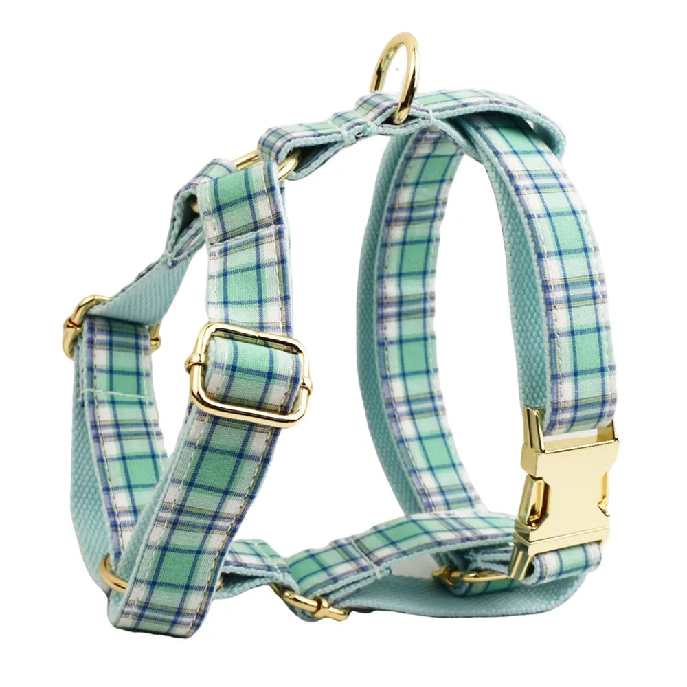 Multi Plaid Personalized Dog Bowtie Collar, Leash Set And Harness Set - Engravable Best Gift For Dog Lover