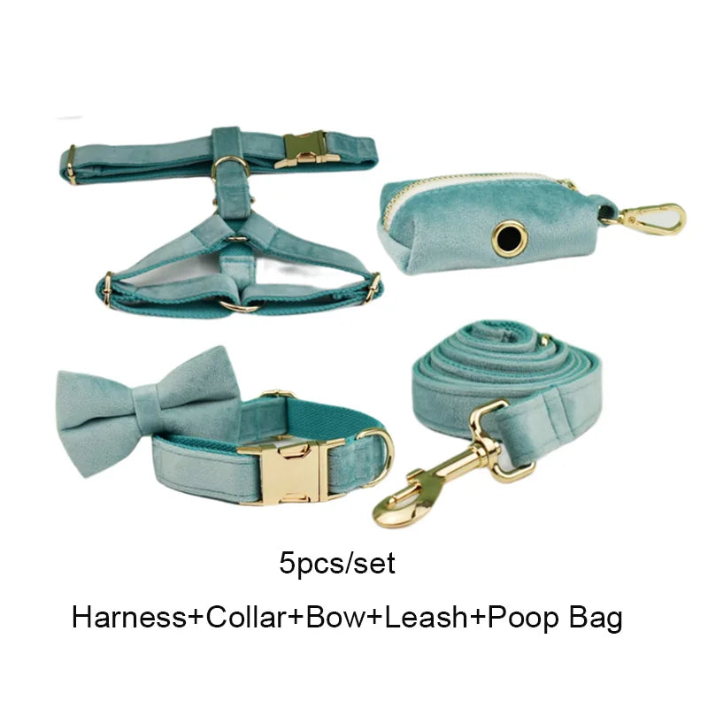 Green Velvet Personalized Dog Collar, Leash & Harness Set