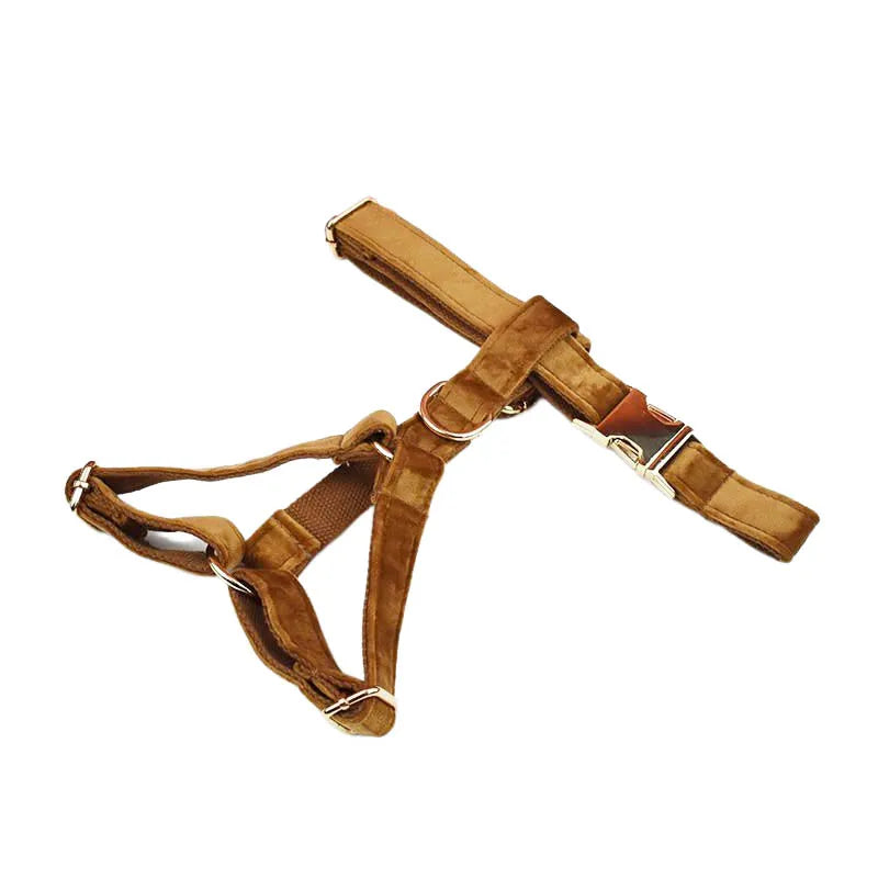 Light Coffee Color Velvet Personalized Dog Collar, Leash & Harness Set