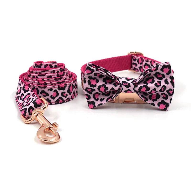 DDPaws  Collar + Leash + Bowtie / XS Pink Leopard Velvet Set
