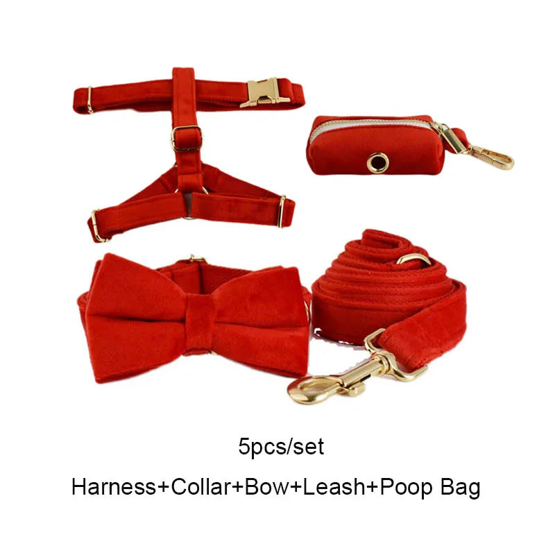 Red Velvet Personalized Dog Collar, Leash & Harness Set