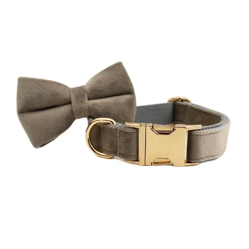 Light grey Velvet Personalized Dog Collar, Leash & Harness Set
