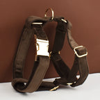Dark Brown Velvet Personalized Dog Collar, Leash & Harness Set