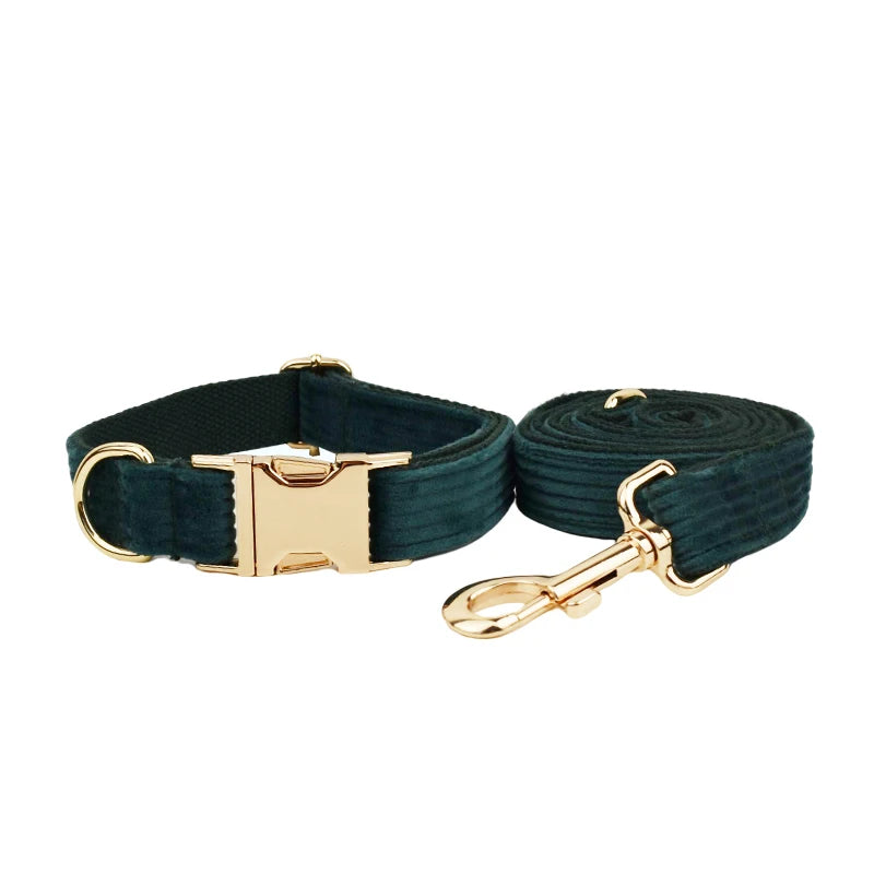 Dark green Corduroy Personalized Dog Collar, Leash & Harness Set
