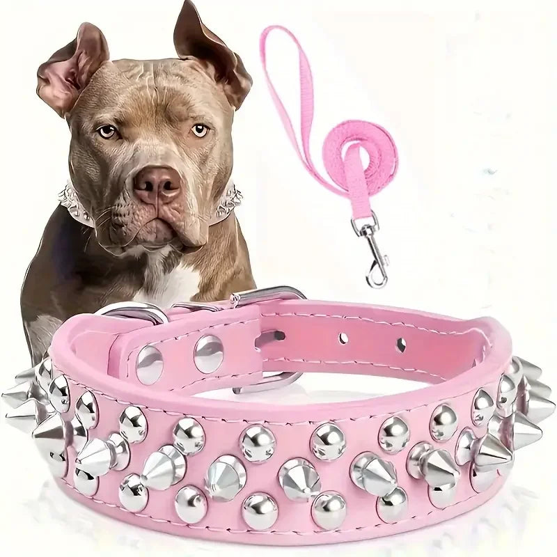 Spiked Dog Collar & Leash Set – Adjustable Leather Rivet Design for Outdoor Walking
