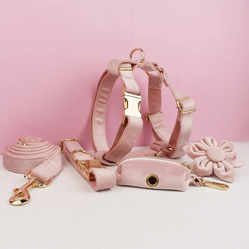 Pale Pink Velvet Dog Collar Leash and Harness Set