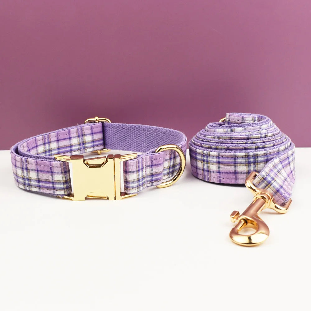 Multi Plaid Personalized Dog Bowtie Collar, Leash Set And Harness Set - Engravable Best Gift For Dog Lover