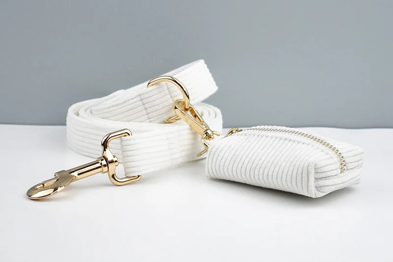 White Corduroy Personalized Dog Collar, Leash & Harness Set
