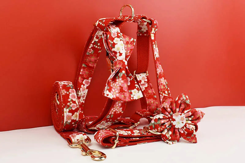 Customized Designer Red Soft Cotton Personalized Dog Collar Leashes Harness Bow Set Flowers